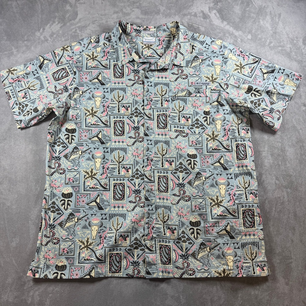 Columbia PFG Mens XXL Blue Southwestern Fish‎ Cactus Print Button Down Shirt